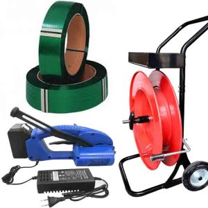 Palletomsnoeringsset JET 12-16 mm PET/PP met batterij, lader, PET-omsnoeringsband 12 mm, omsnoeringswagen